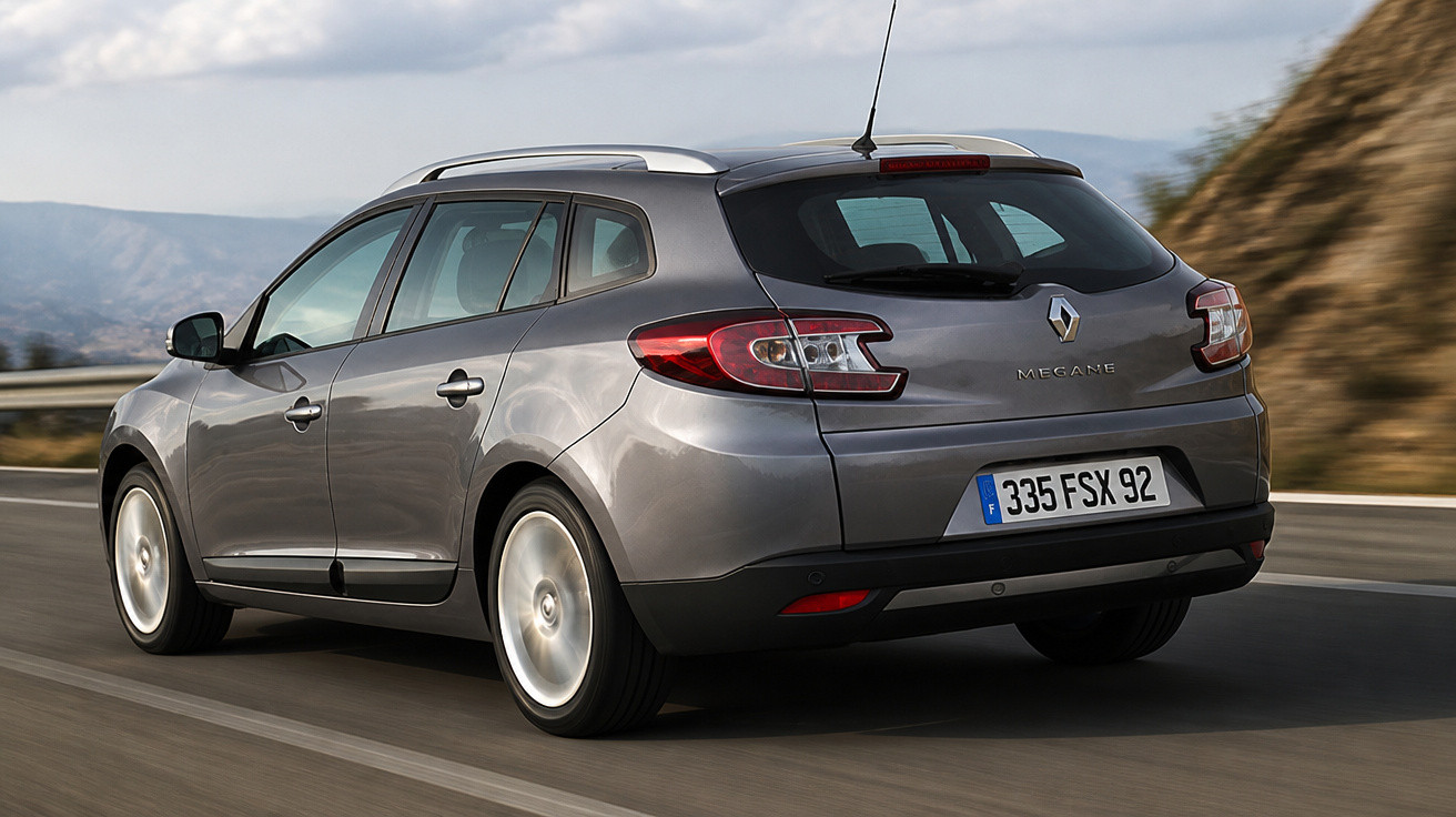 Grauer Renault Megane Kombi fährt auf einer Landstraße mit bergiger Landschaft im Hintergrund.