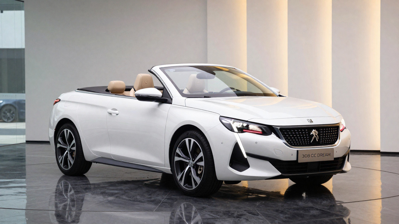Weißes Peugeot 308 CC Cabrio mit braunem Innenraum in modernem Showroom auf glänzendem Boden.