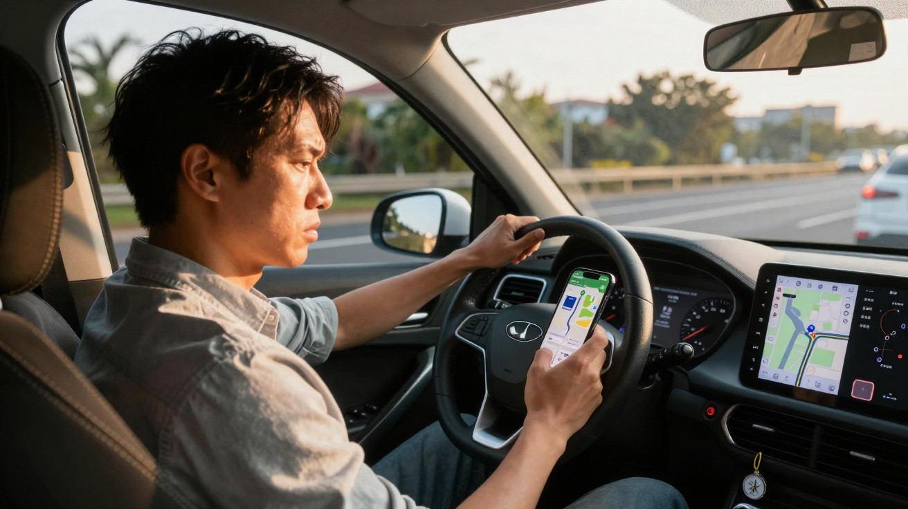 Mann sitzt am Steuer und hält Handy mit Navigations-App, während er Auto auf der Straße fährt.