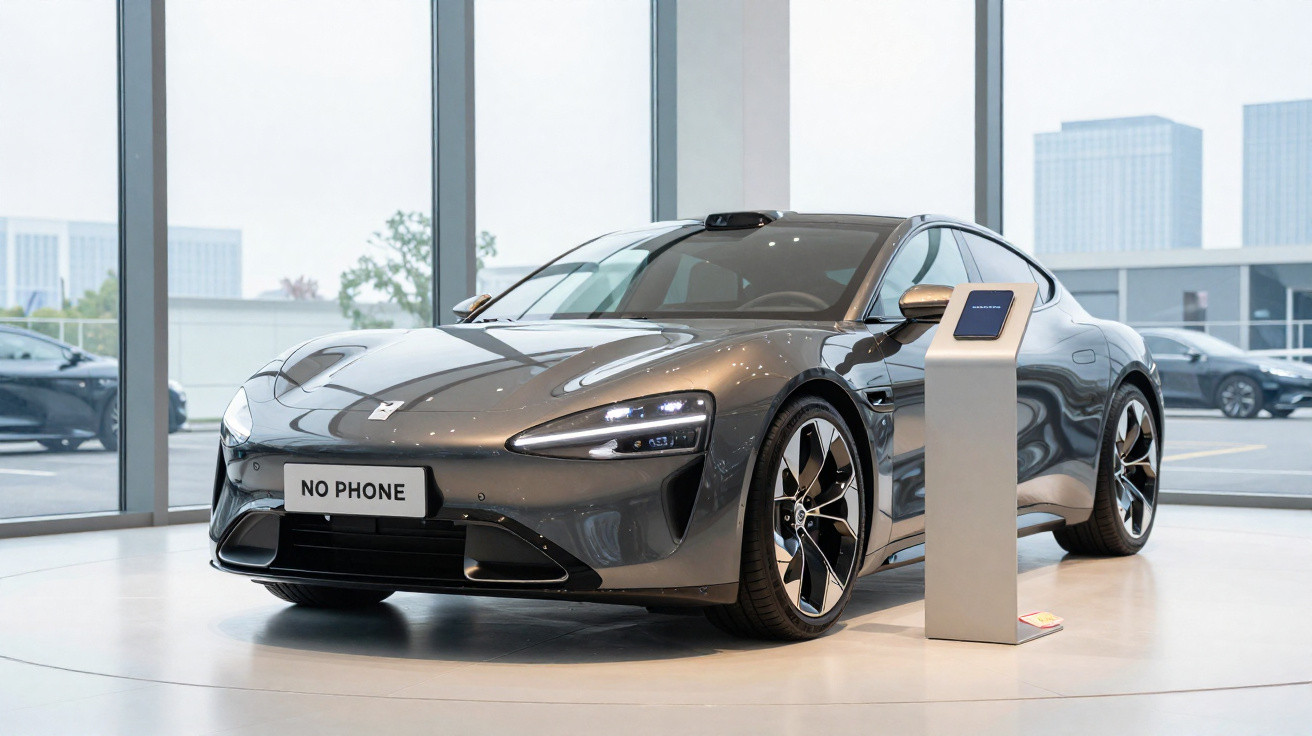 Eleganter grauer Sportwagen mit LED-Scheinwerfern und "NO PHONE"-Kennzeichen in modernem Showroom.