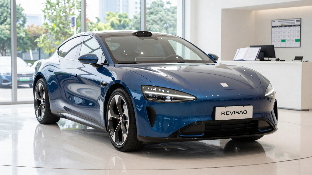 Blaues Elektroauto steht in einem hellen, modernen Ausstellungsraum mit großen Fenstern.