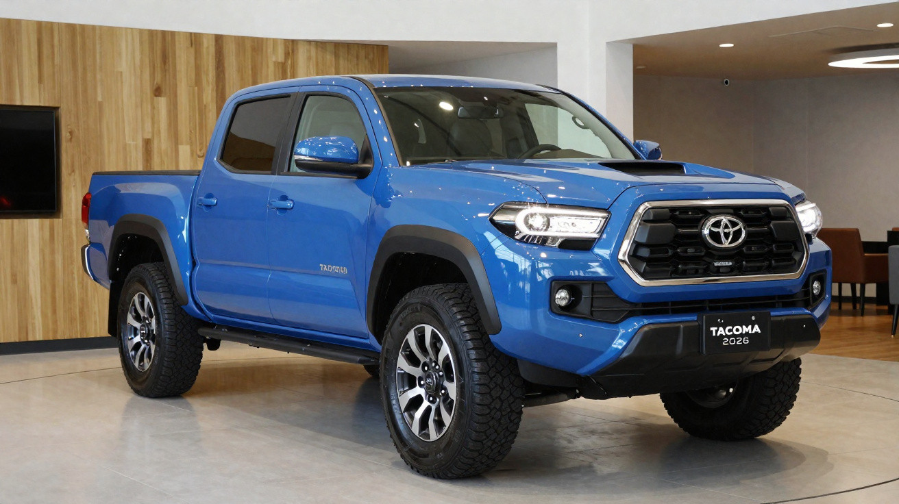 Blauer Toyota Tacoma 2020 Pickup mit Doppelkabine in Innenraum-Ausstellungsraum.