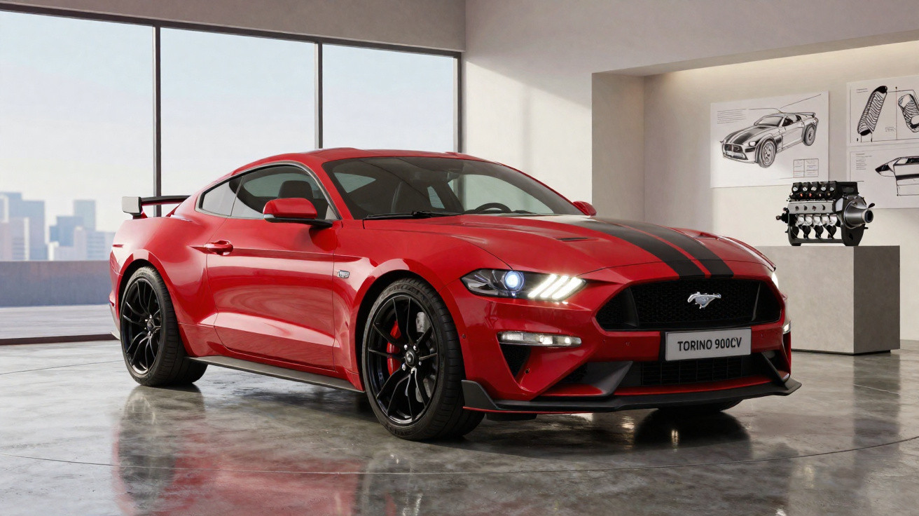 Roter Ford Mustang Torino 900CV Sportwagen mit schwarzen Rennstreifen in moderner Garage mit Stadtblick