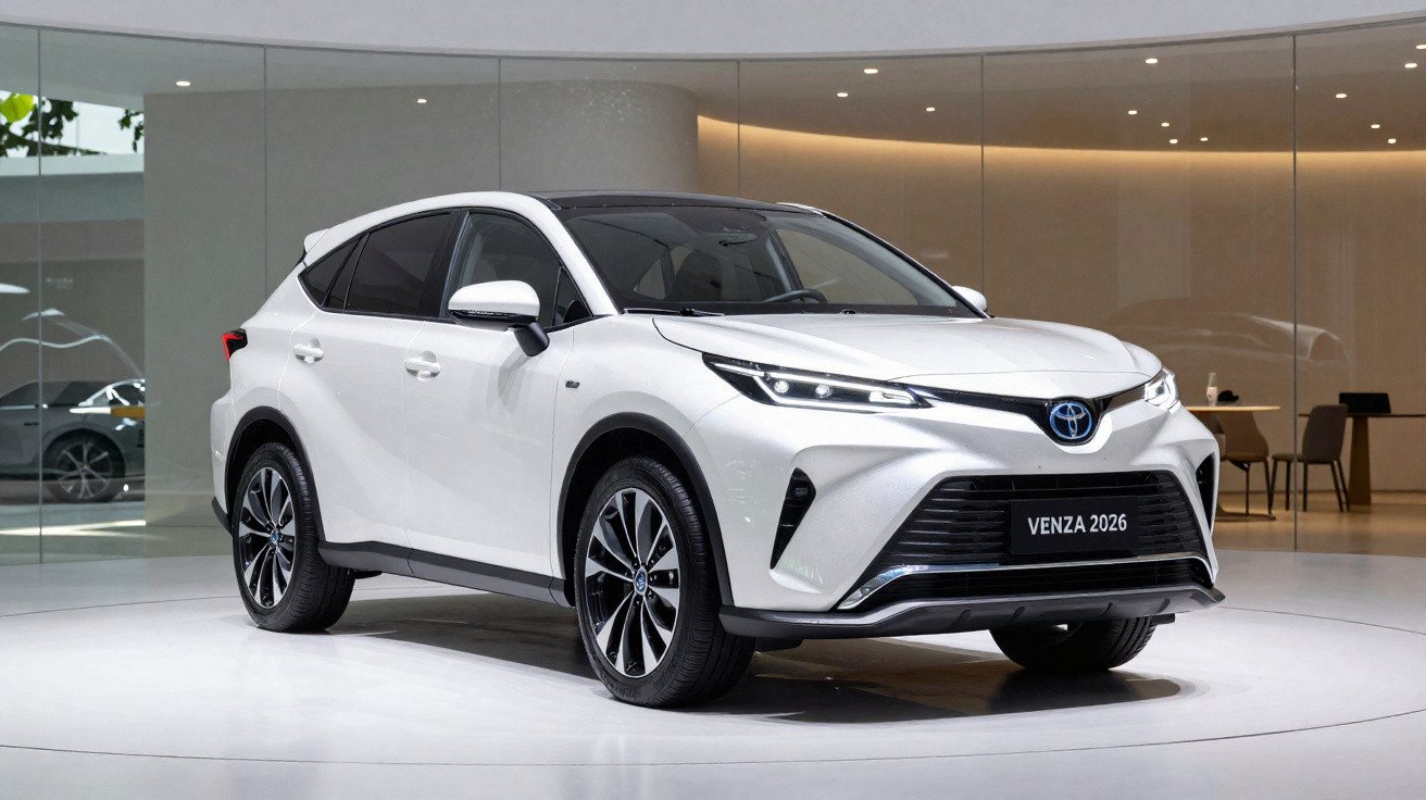 Weißer Toyota Venza 2026 SUV im Ausstellungsraum vor Glaswand und Möbeln.