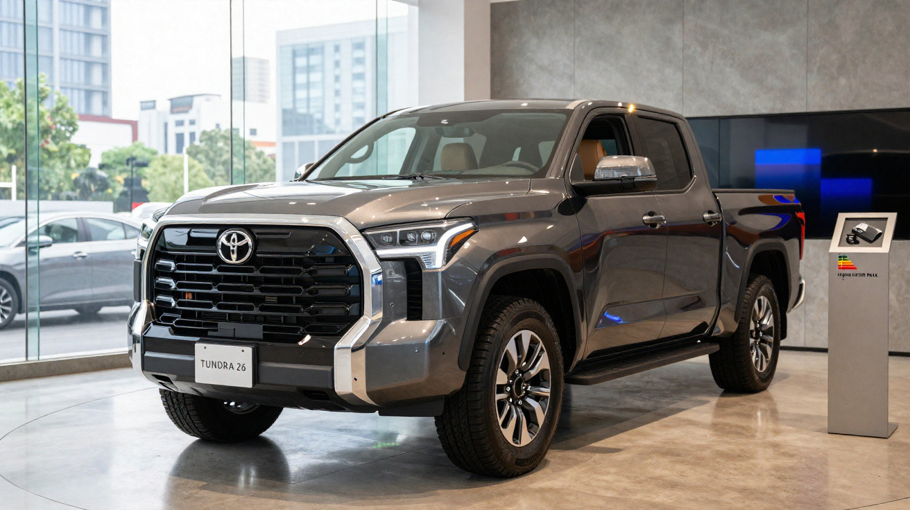 Grauer Toyota Tundra Pick-up im Ausstellungsraum mit großen Glasfenstern und städtischer Kulisse.