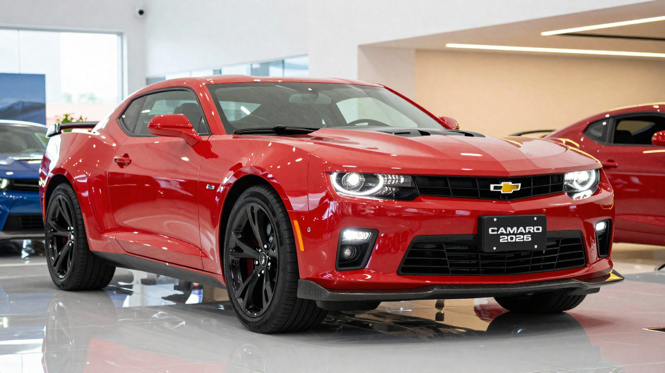 Roter Chevrolet Camaro 2025 Sportwagen in einem hellen Ausstellungsraum, vorne links gesehen.