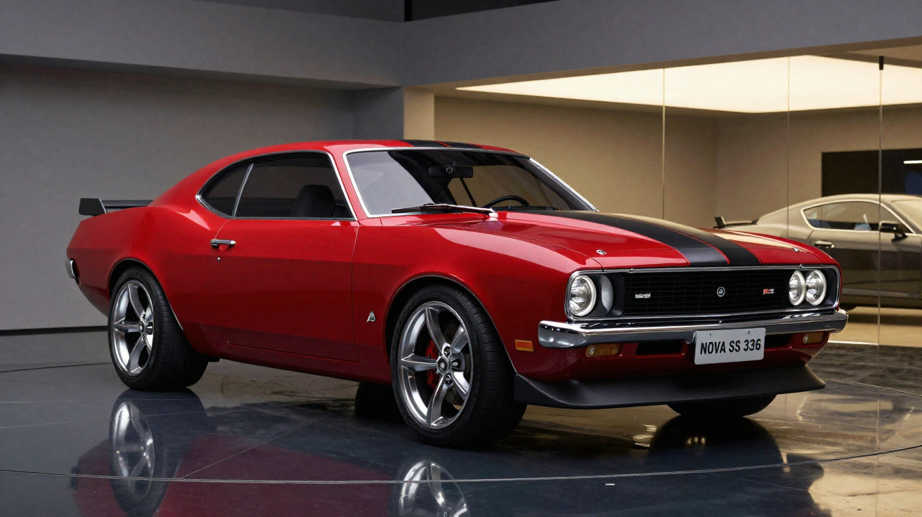 Rotes klassisches Muscle Car mit schwarzem Streifen, glänzenden Felgen und Spoiler, Innenraum reflektiert im Boden