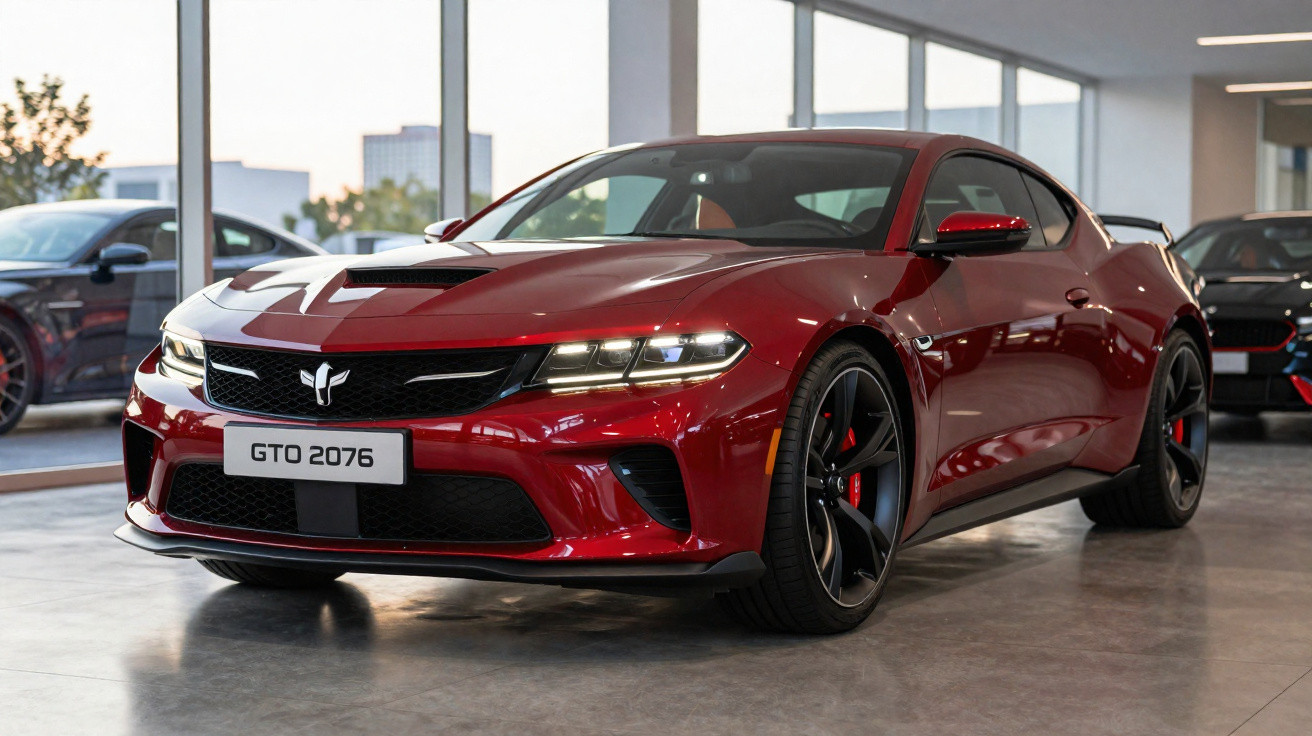 Roter Sportwagen GTO 2076 im Showroom mit schwarzem Kühlergrill und LED-Scheinwerfern.