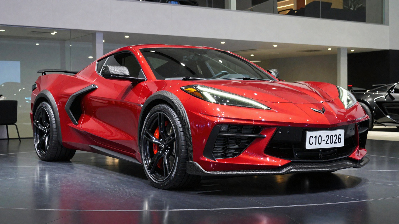 Roter Sportwagen Chevrolet Corvette C8 mit schwarzem Felgen und aggressivem Design in Showroom.
