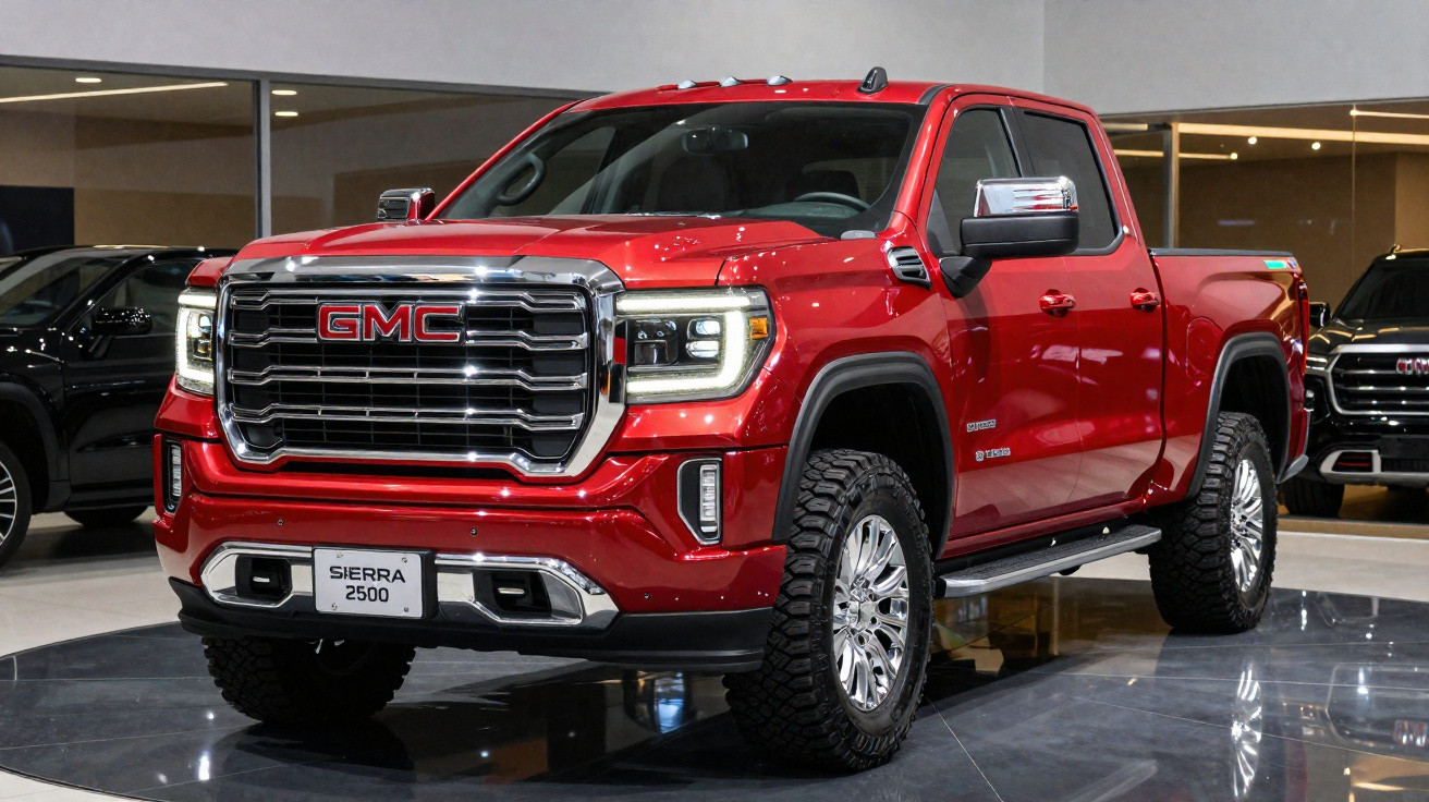Roter GMC Sierra 2500 Pickup Truck in Innenraum mit markantem Kühlergrill und großen Reifen.