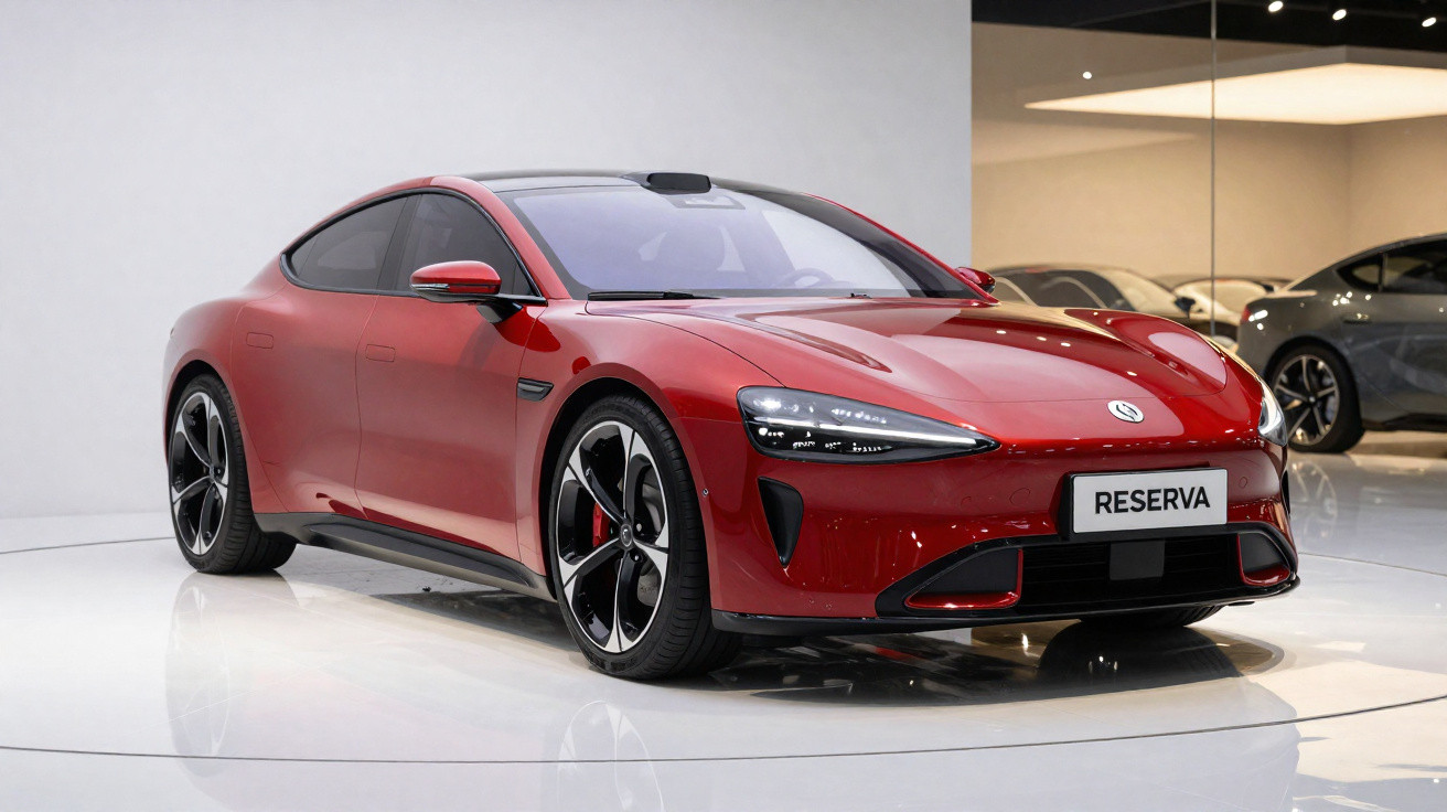 Rotes Elektroauto mit sportlichem Design in modernem Ausstellungsraum, frontal seitliche Ansicht.
