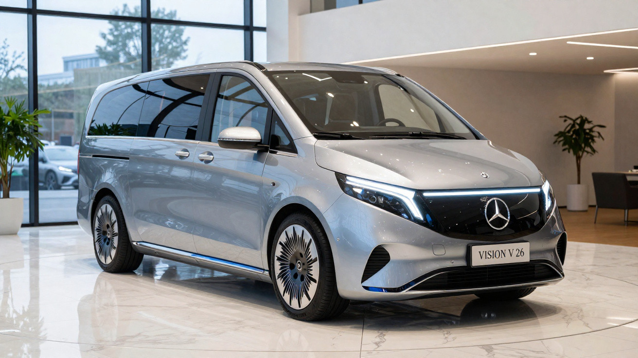 Silberner Mercedes-Benz Vision V 26 Elektro-Van in moderner Ausstellungshalle mit großen Fenstern.