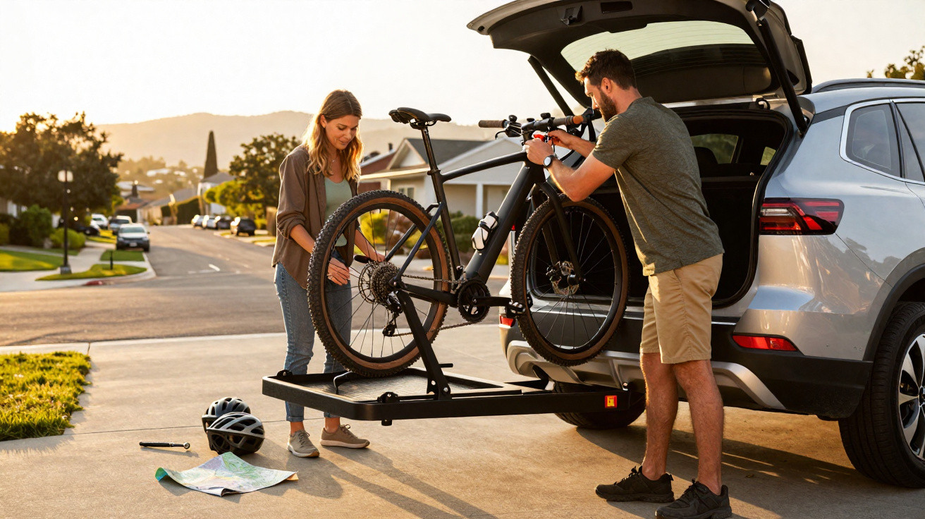 Mann und Frau befestigen Mountainbike auf Fahrradträger am Heck eines SUVs in Wohnstraße bei Sonnenuntergang.