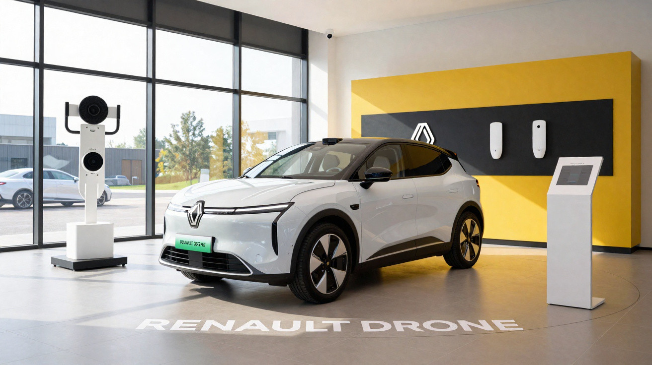 Weißes Renault Elektroauto in modernem Ausstellungsraum mit großen Fenstern und gelber Wand.