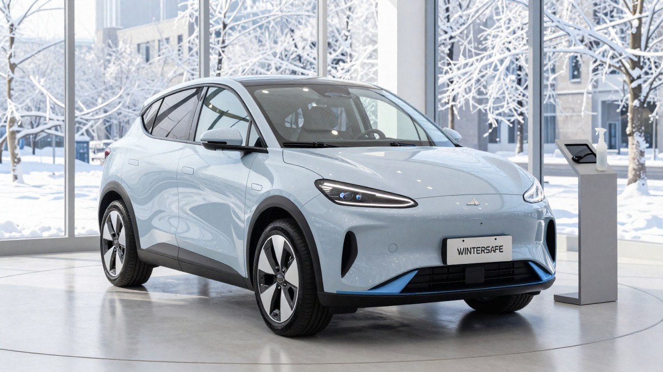 Hellblaues Elektroauto steht in modernem Showroom mit winterlicher Landschaft durch große Fenster im Hintergrund.