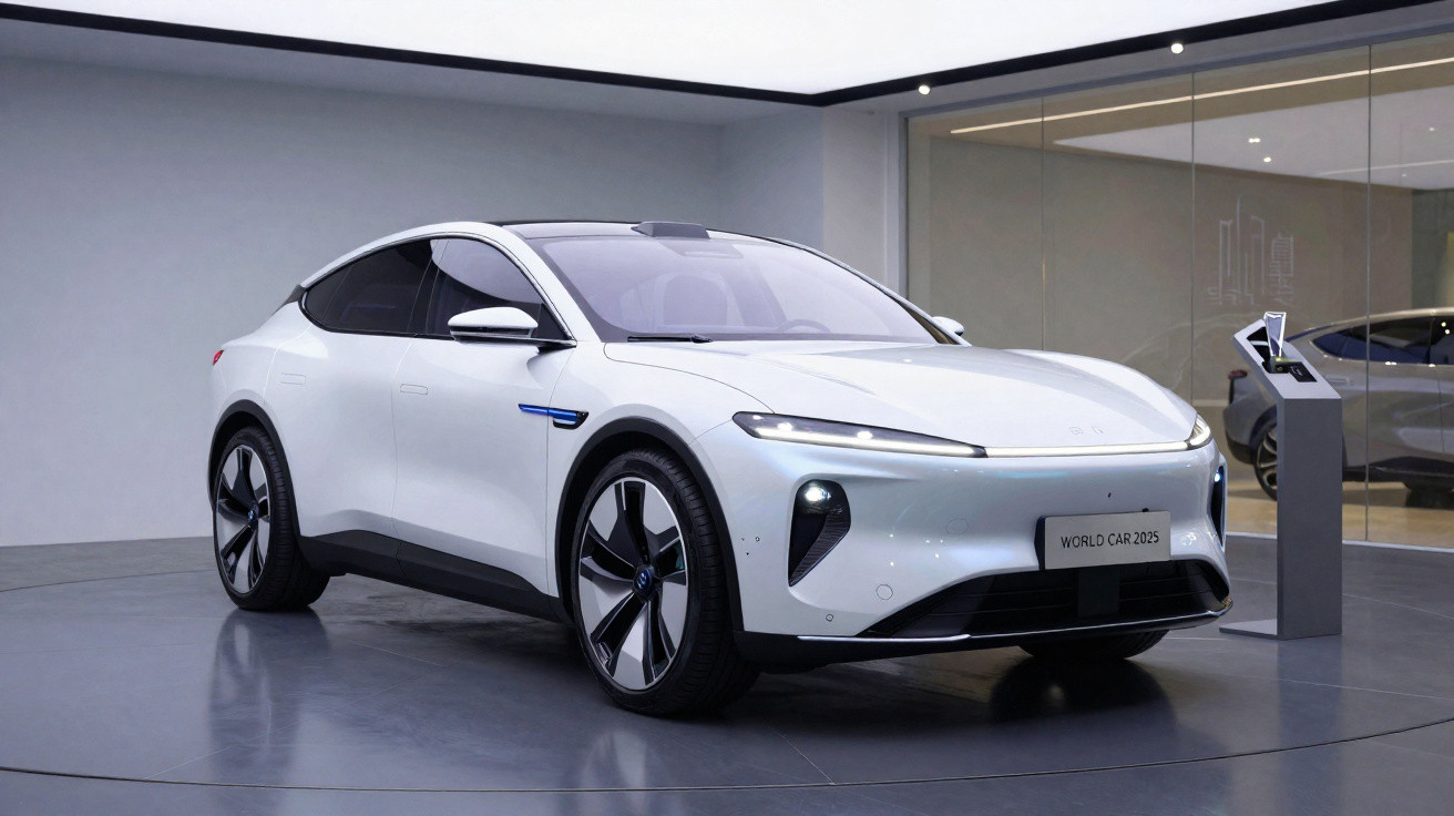 Weißes Elektroauto in modernem Showroom mit glatten Linien und futuristischem Design, Auszeichnung „World Car 2025“.