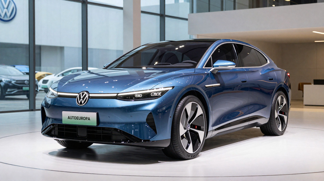 Blaues Volkswagen ID.5 GTX Elektroauto in moderner Ausstellungshalle vor Glasfenstern.