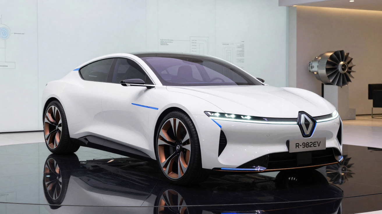Weißes Renault Elektroauto mit futuristischem Design auf schwarzer spiegelnder Ausstellungsfläche.