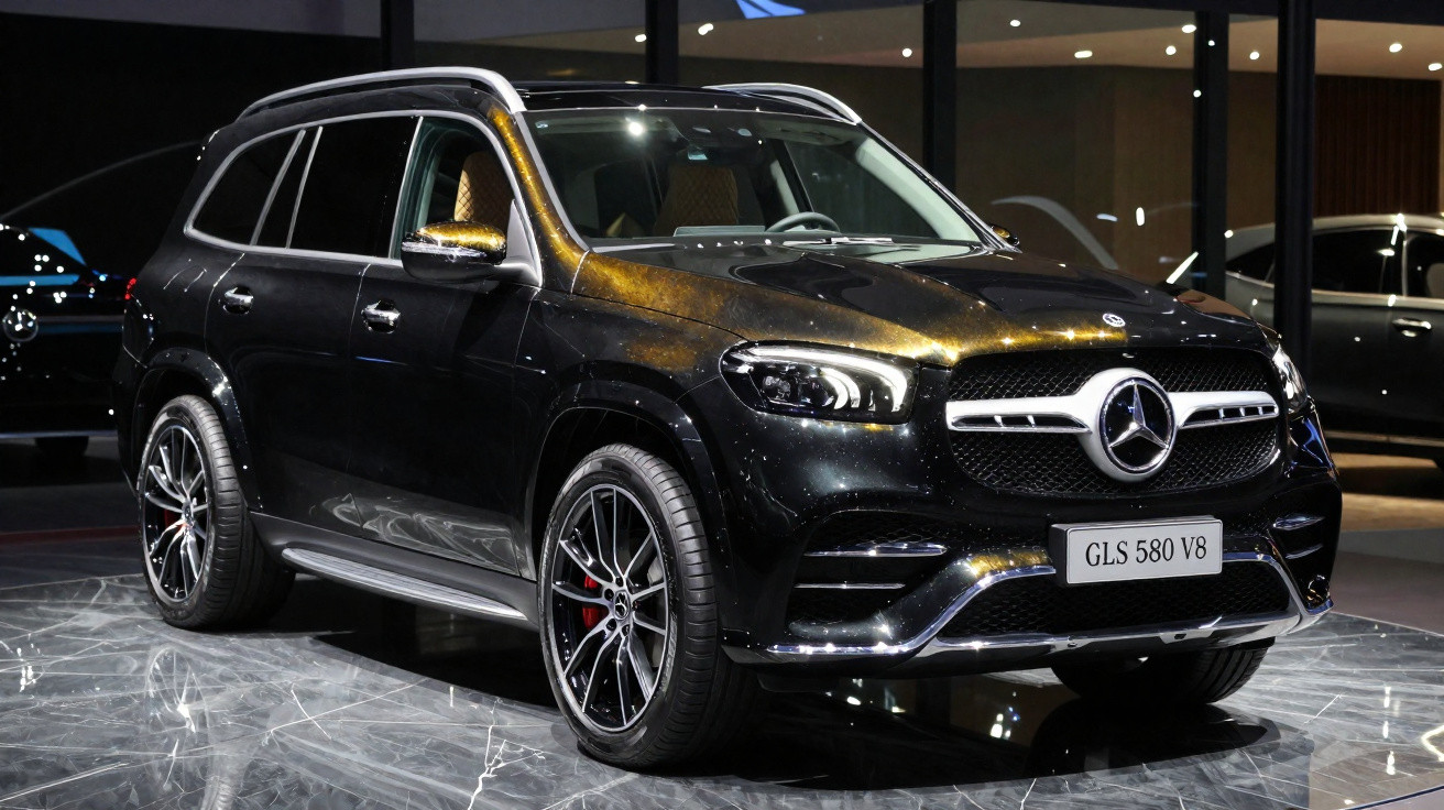 Schwarzer Mercedes-Benz GLS 580 V8 SUV mit großen Rädern und modernem Design im Ausstellungsraum.