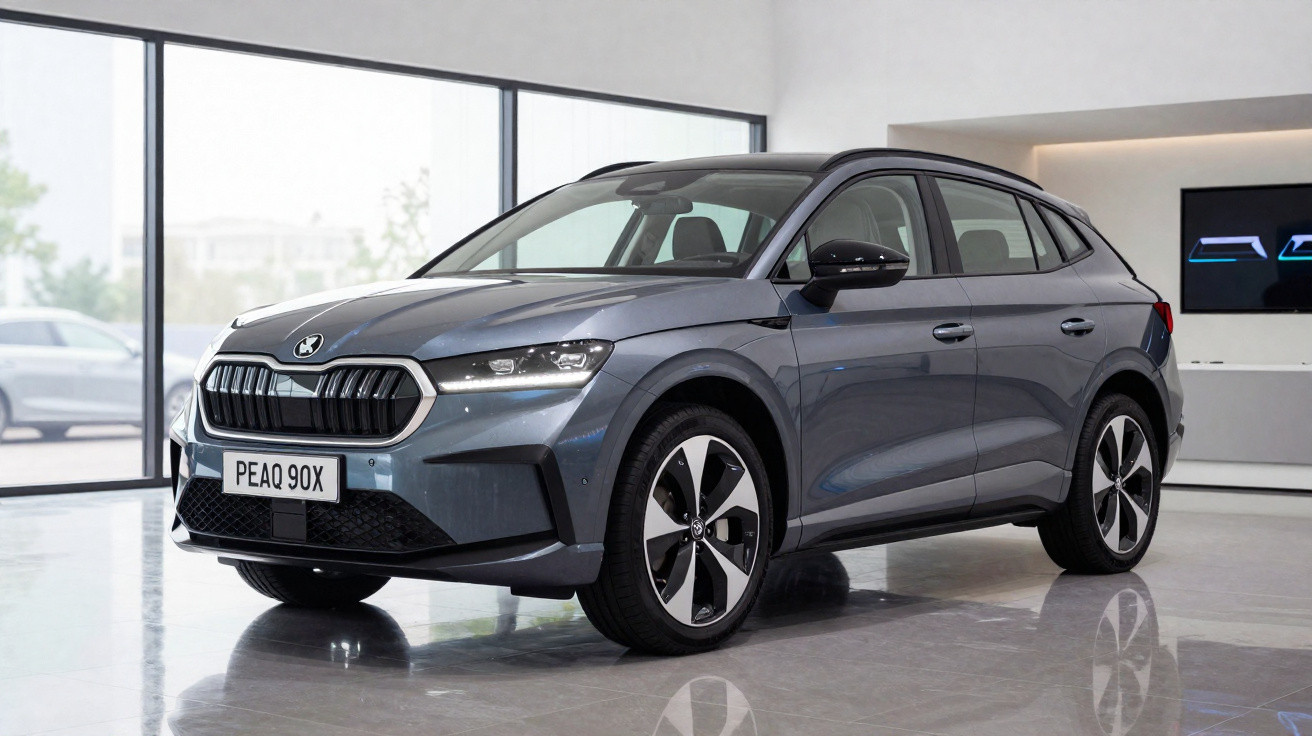Graues Škoda Enyaq Coupé iV im Showroom mit großen Fenstern und poliertem Boden.