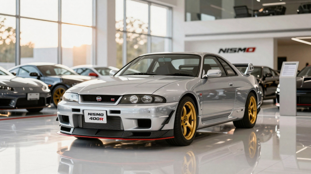 Silberner Nissan Skyline GT-R R33 Nismo 400R mit goldenen Felgen in hellem Showroom.