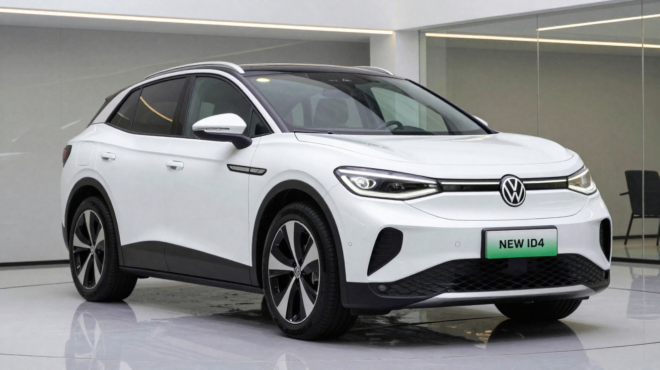 Weißer Volkswagen ID.4 Elektro-SUV in moderner Innenraumumgebung ohne Menschen.