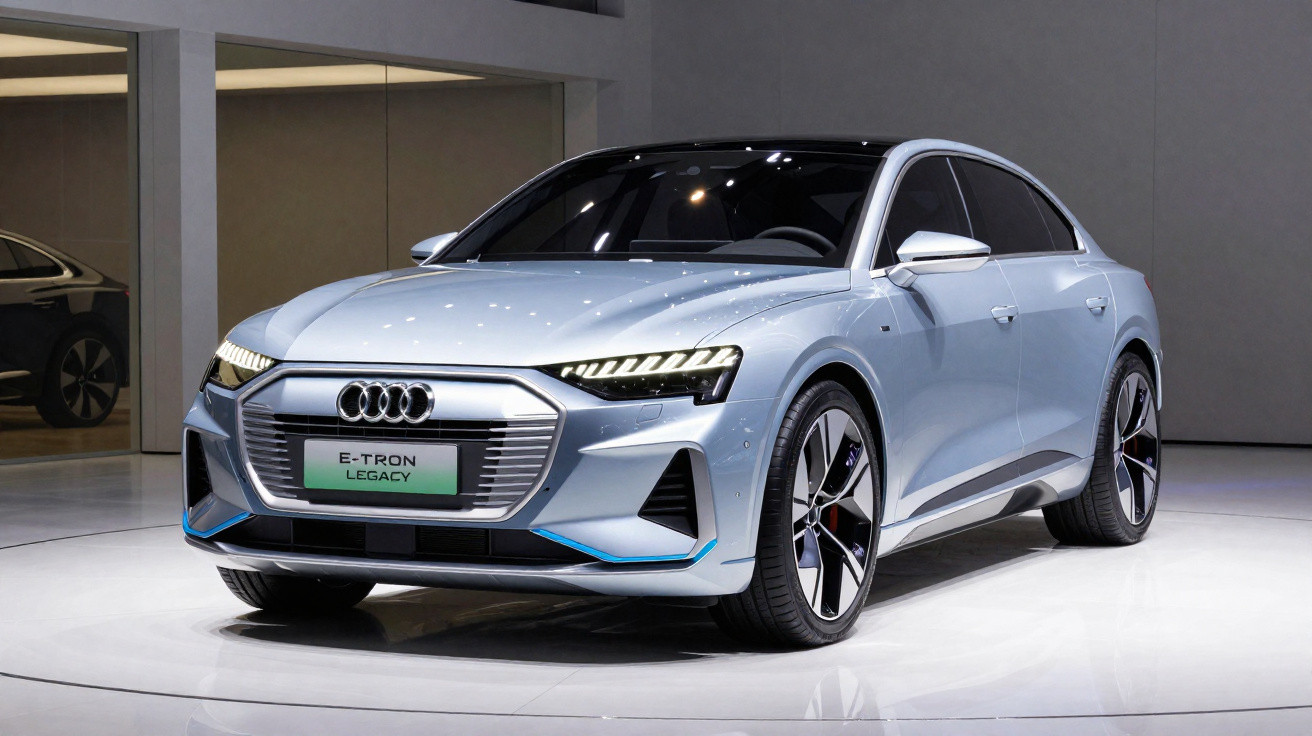 Silberner Audi E-Tron Legacy Elektro-SUV mit auffälligem Frontdesign und LED-Scheinwerfern in Ausstellungshalle.
