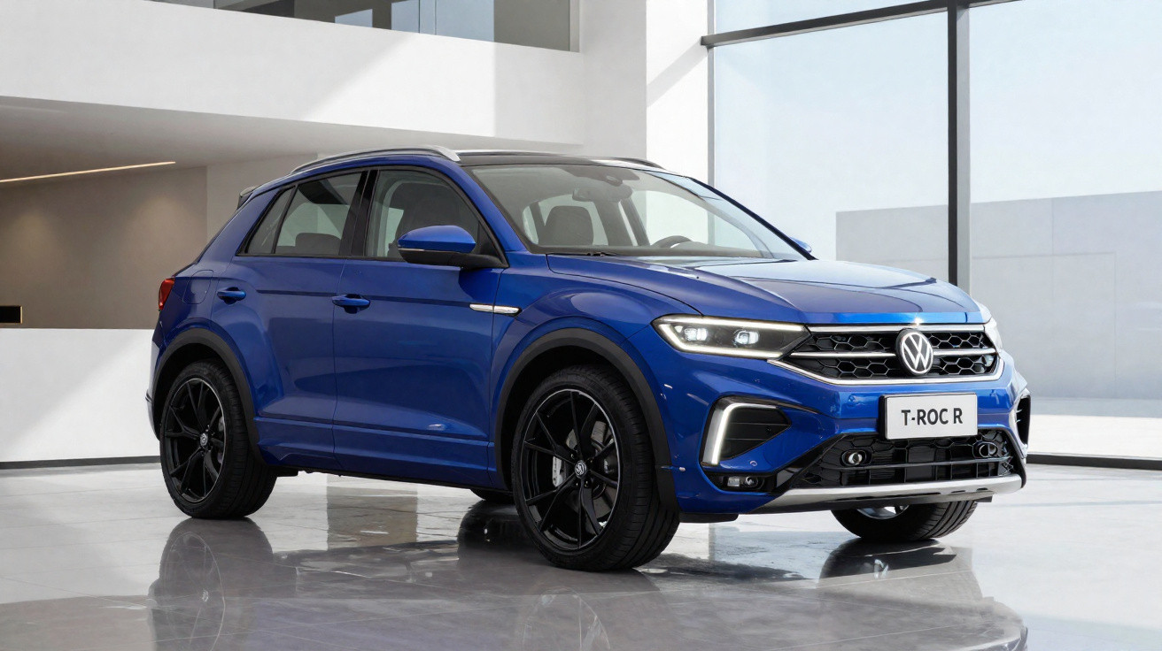 Blauer Volkswagen T-Roc R SUV in modernem, hellem Raum mit großen Fenstern und glänzendem Boden.