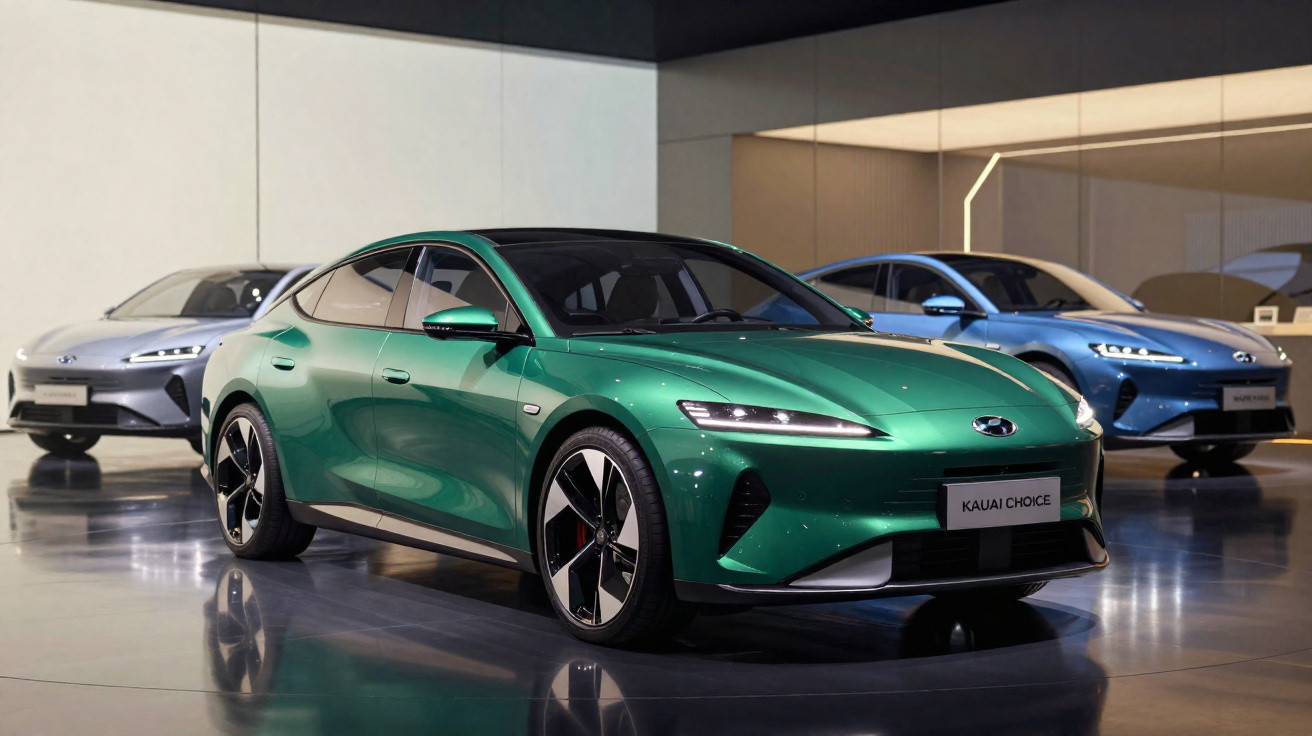 Drei moderne Elektroautos in Grün, Blau und Grau in einem stilvollen Ausstellungsraum, Modell Kauai Choice.