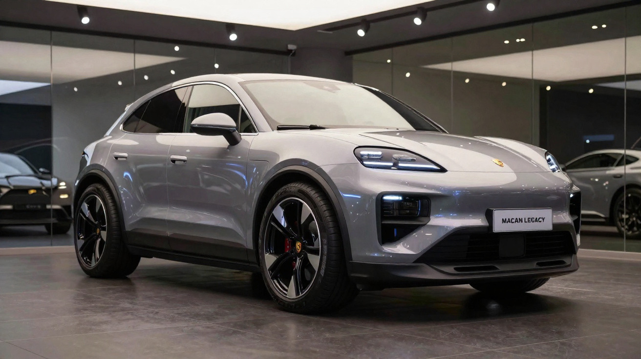 Silberner Porsche Macan Legacy SUV in modernem Showroom mit Spiegelwänden und dunklem Boden.