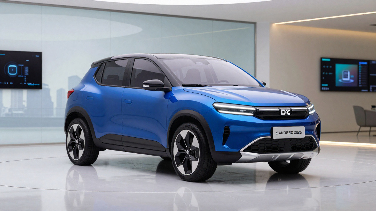 Blaues Elektro-SUV Dacia Sandero 2026 in modernem Ausstellungsraum mit digitaler Wand.