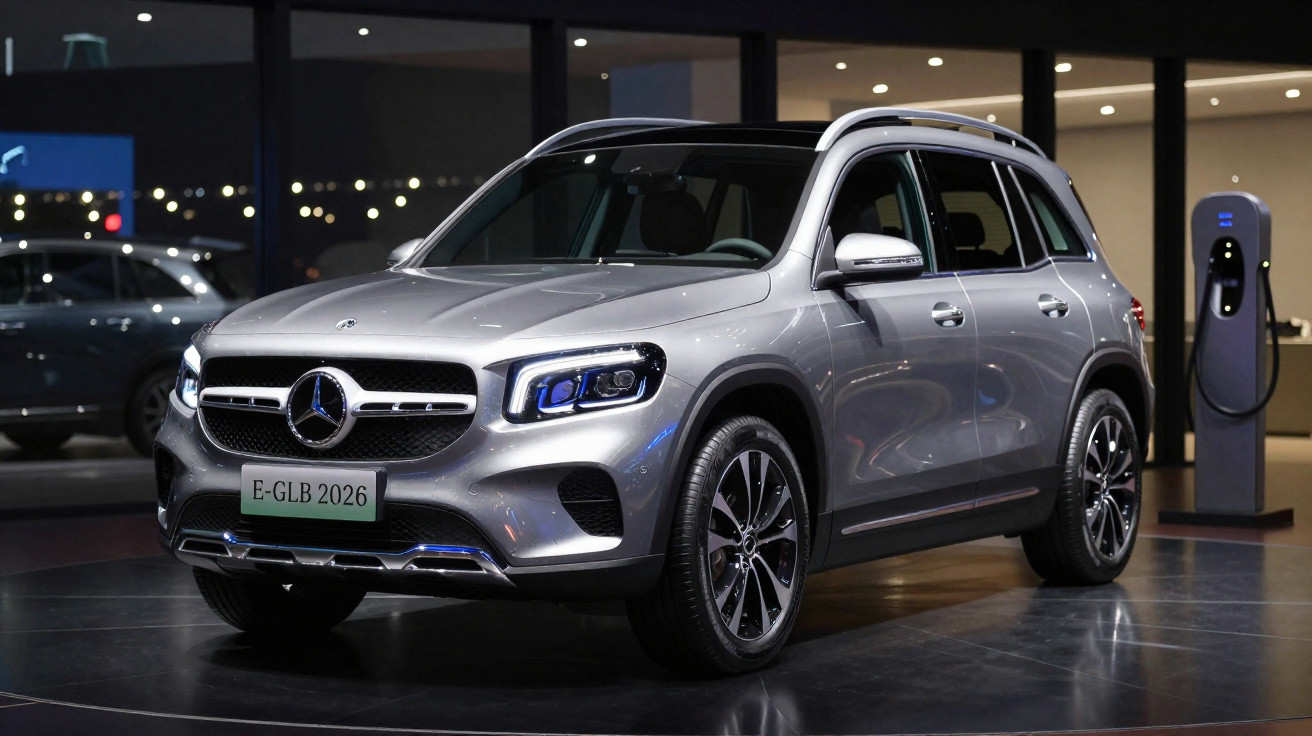 Silberner Mercedes-Benz E-GLB 2026 Elektro-SUV an Ladestation in moderner Ausstellungshalle bei Nacht.