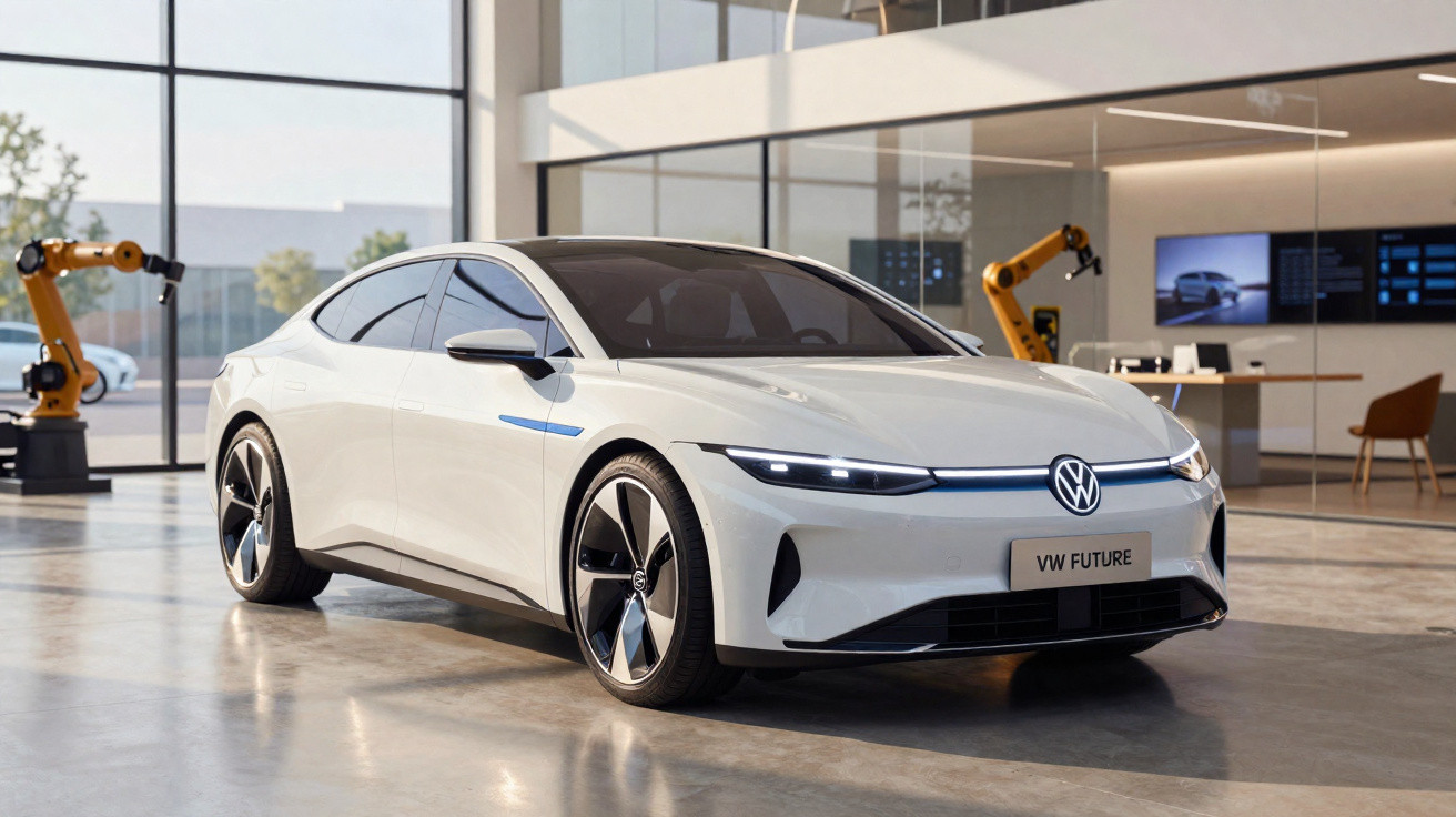 Weißes VW Future Elektroauto in modernem Ausstellungsraum mit Industrierobotern im Hintergrund.