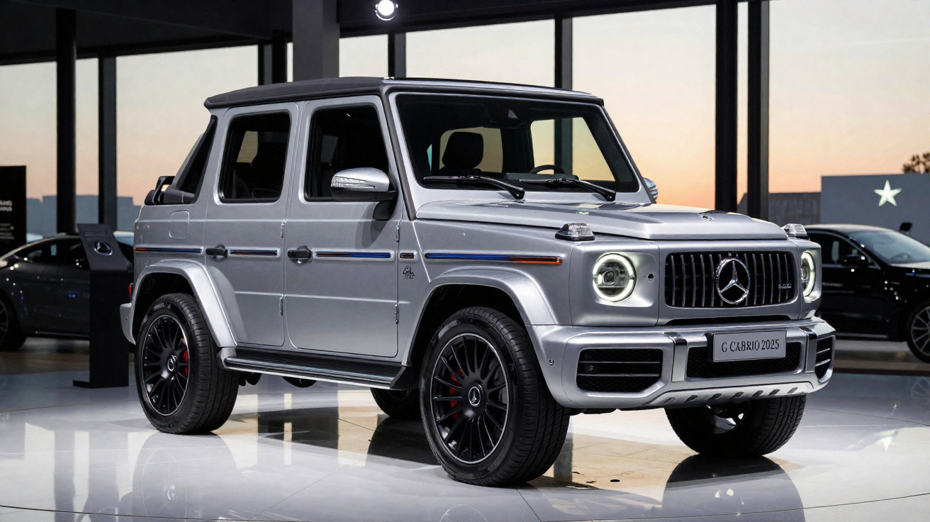 Silberner Mercedes G-Klasse SUV 2025 Modell in einer modernen Ausstellungshalle bei Sonnenuntergang.