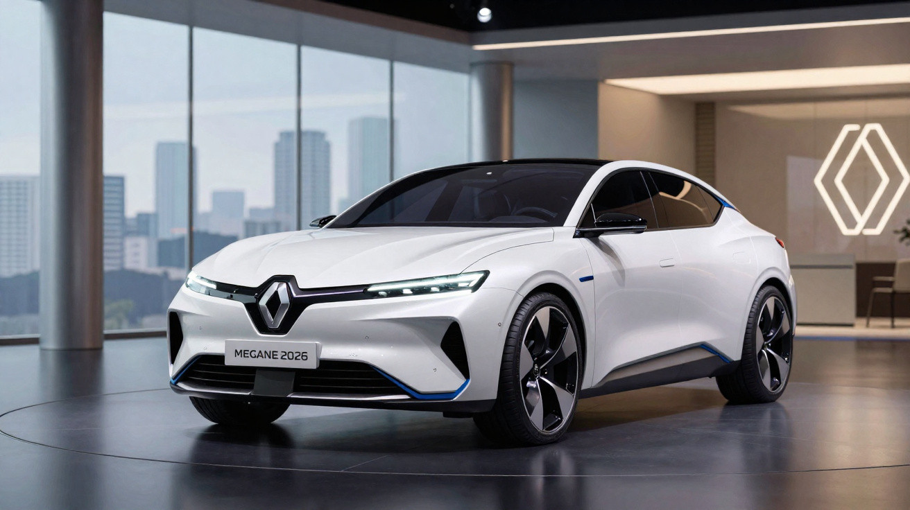 Weißer Renault Megane 2026 in modernem Showroom mit großem Fenster und Stadtblick.