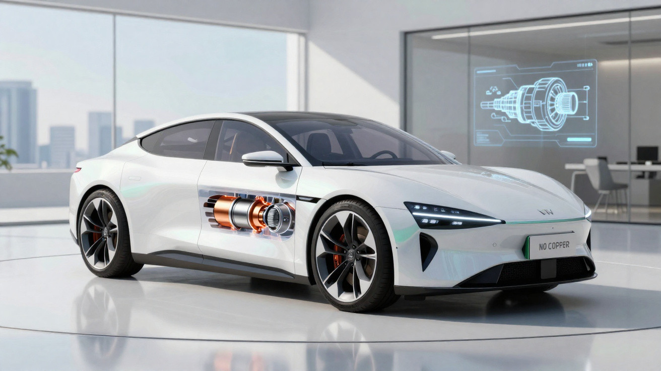 Weißes Elektroauto mit sichtbarem, kupferfreiem Motor im modernen Showroom mit technischem Display.