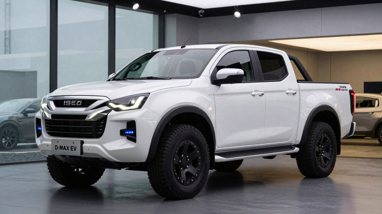 Weißer Isuzu D-Max EV Pickup mit schwarzem Reifen, beleuchtet in moderner Ausstellungshalle.