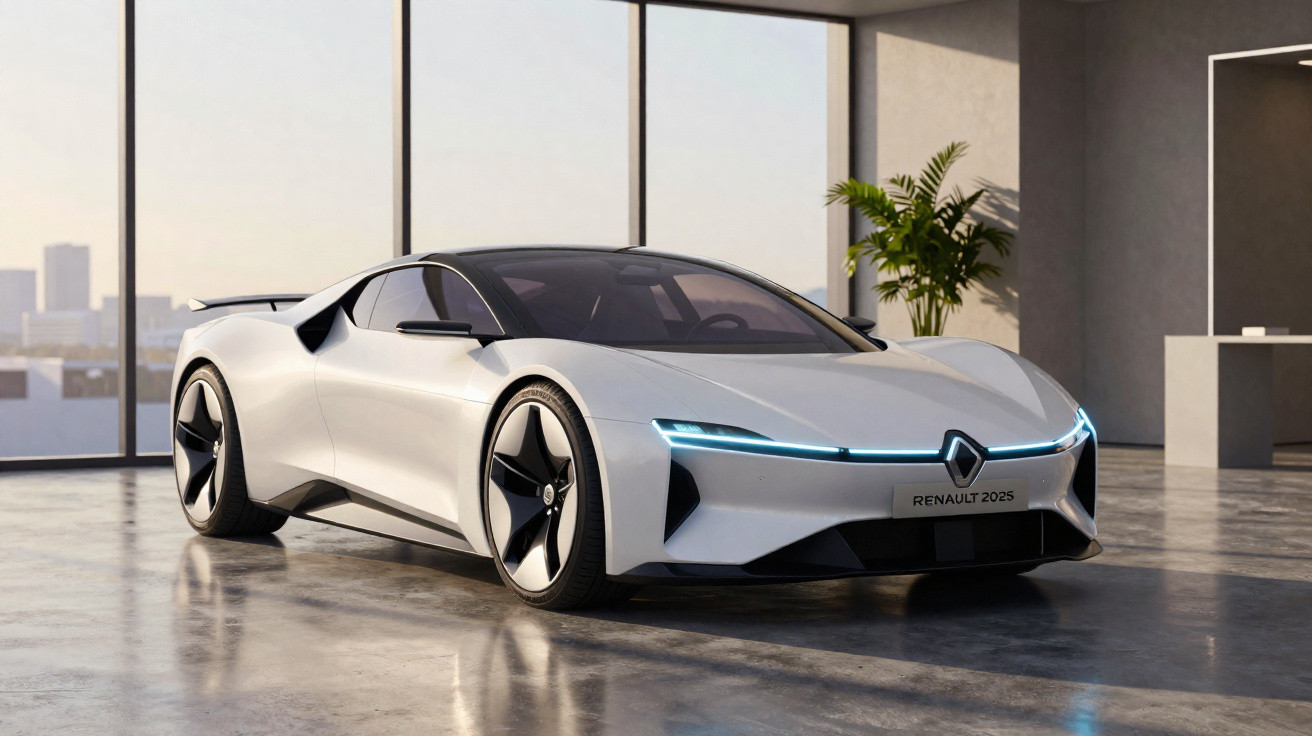 Weißer Renault Sportwagen 2025 mit LED-Lichtleiste in hellem, modernem Showroom mit Pflanzen und Fensterfront.