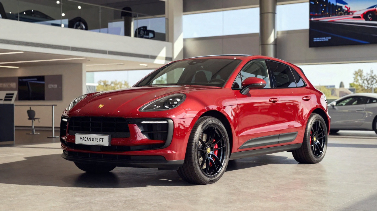 Roter Porsche Macan GTS im Showroom mit schwarzen Felgen und großer Frontpartie.
