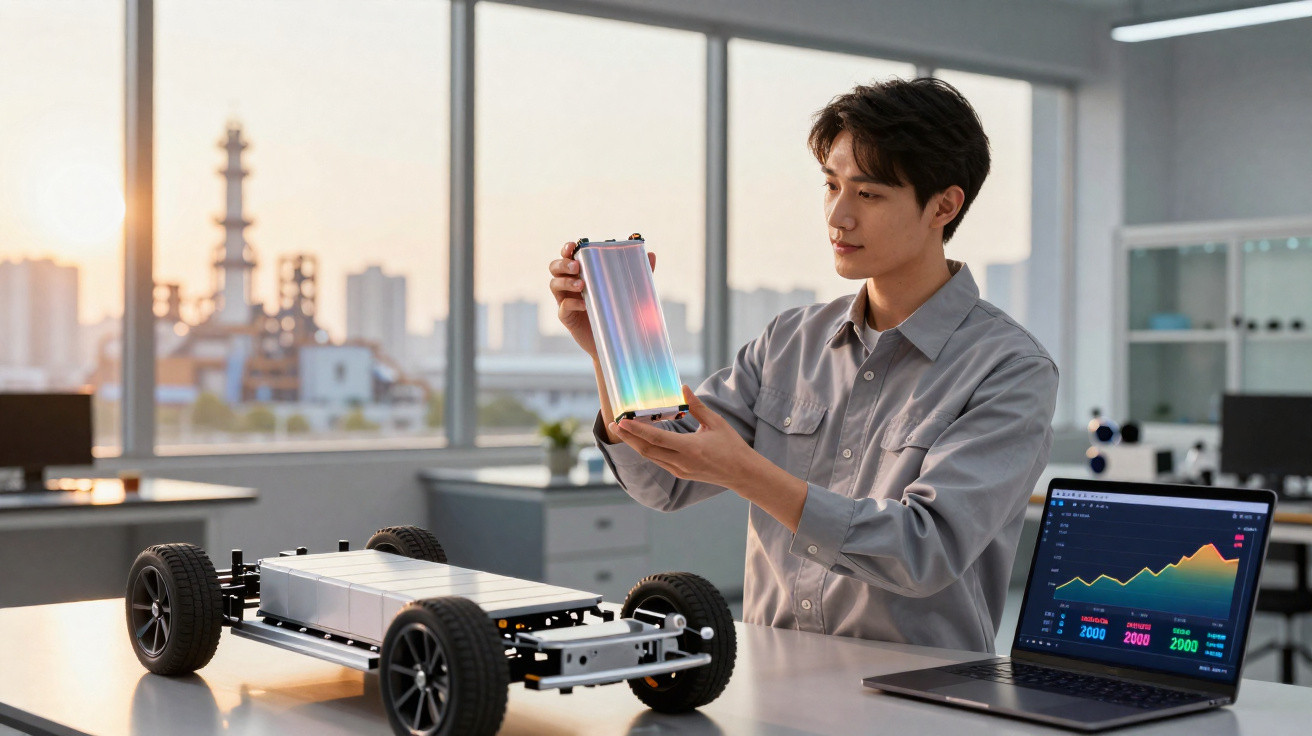 Mann im Labor zeigt Batterie für Elektrofahrzeug, neben Laptop mit Diagrammen und Chassis-Modell.