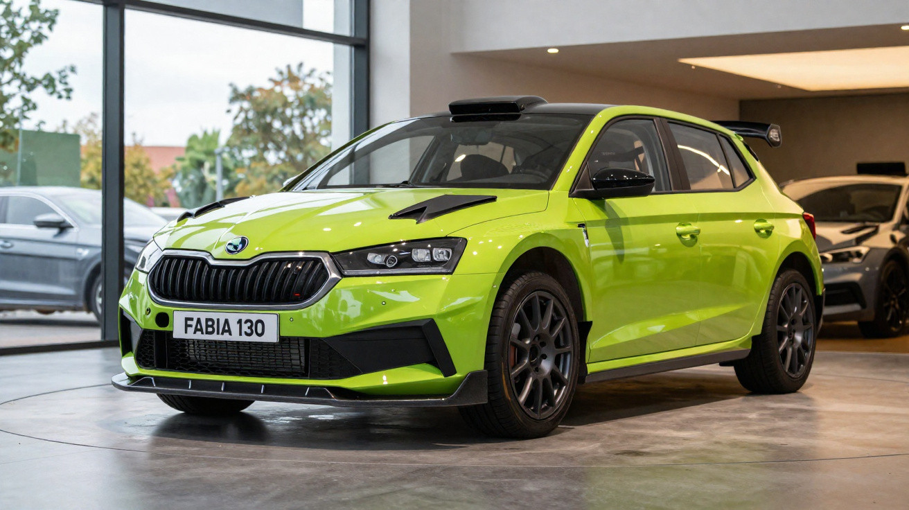 Hellgrüner Skoda Fabia Rallyeauto mit schwarzem Dach und sportlichem Design in Ausstellungshalle.