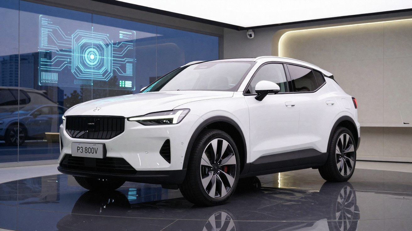 Weißes Polestar 2 Elektroauto in moderner Ausstellung mit digitaler Grafik im Hintergrund.