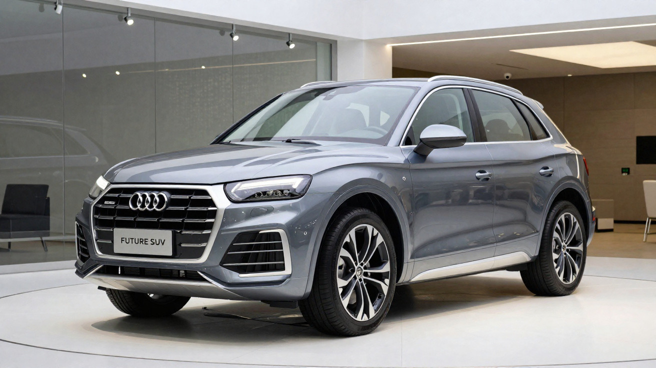 Silberner Audi Future SUV im modernen Showroom mit Glaswand und minimalistischer Einrichtung.
