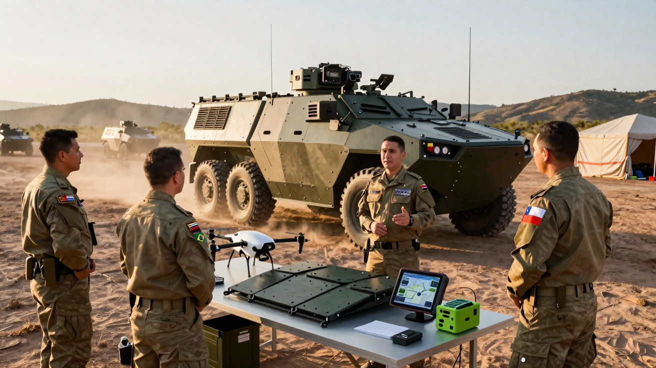 Vier Soldaten in Militäruniform beraten sich neben einem geländegängigen Militärfahrzeug und technischer Ausrüstung im Freien