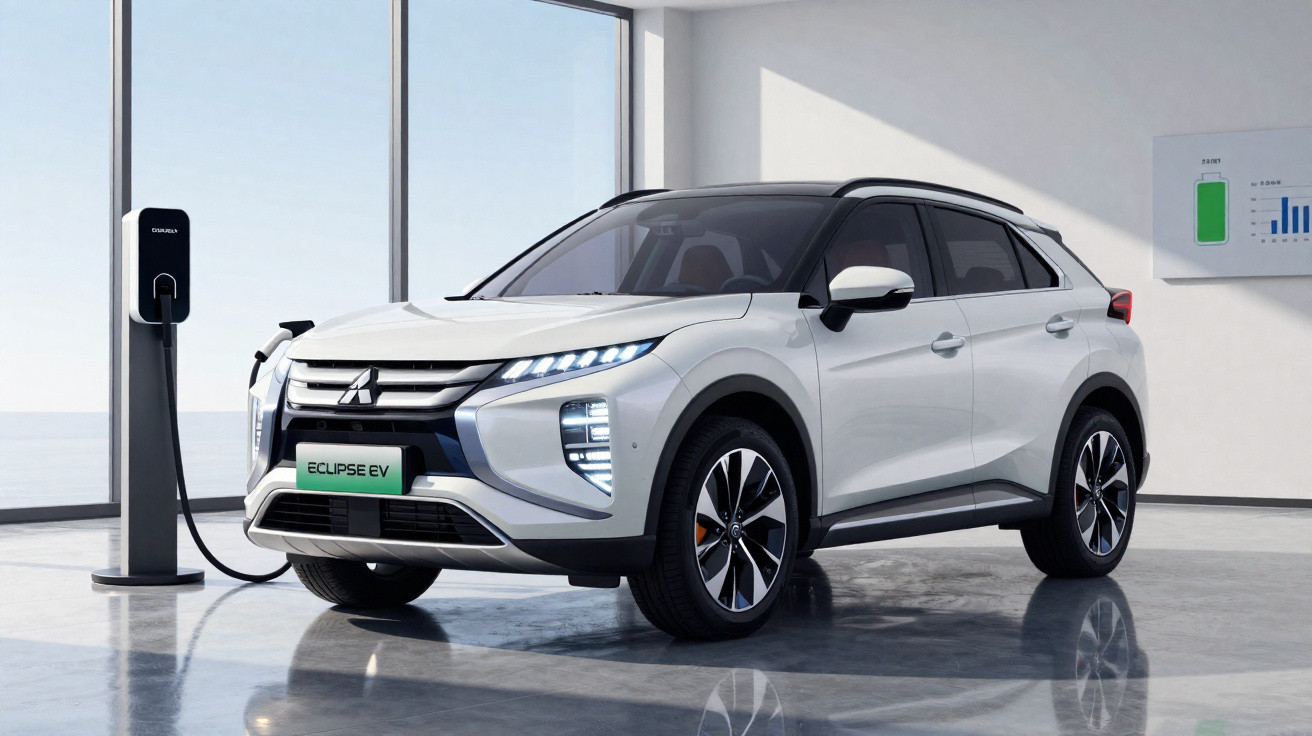 Weißer Mitsubishi Eclipse EV SUV an Ladestation in modernem, hellem Raum mit Glasfenstern.