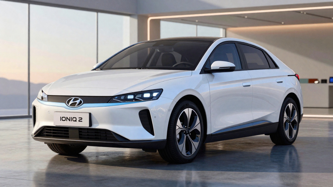 Weißer Hyundai Ioniq 2 Elektroauto in modernem Innenraum mit großen Fenstern und Landschaft im Hintergrund.