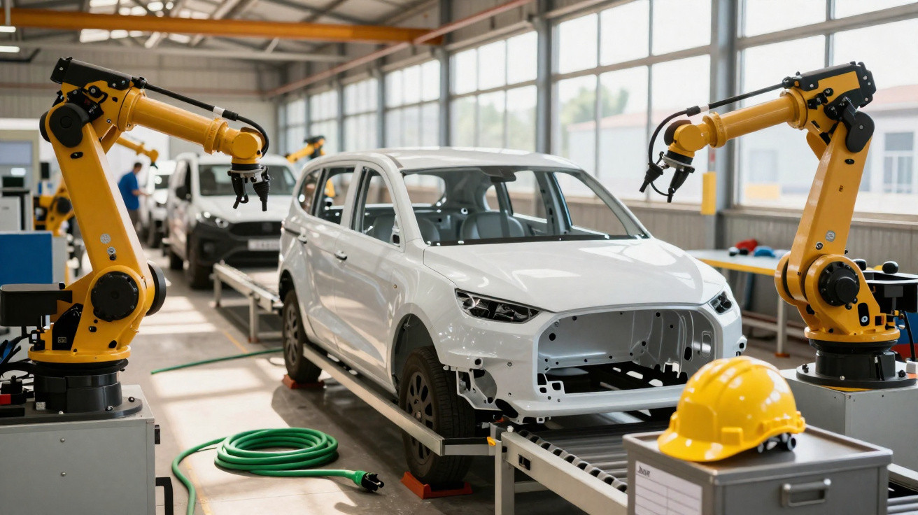 Automobilmontage mit weißen Fahrzeugkarossen und gelben Industrierobotern in moderner Fabrikhalle.