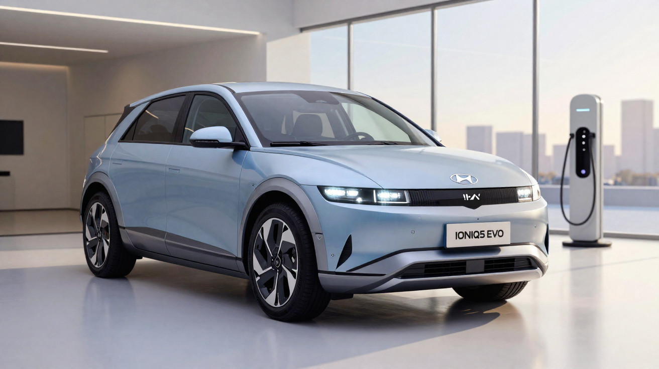 Hellblauer Hyundai IONIQ 5 EVO Elektro-SUV in modernem, hellem Raum mit Ladestation im Hintergrund.