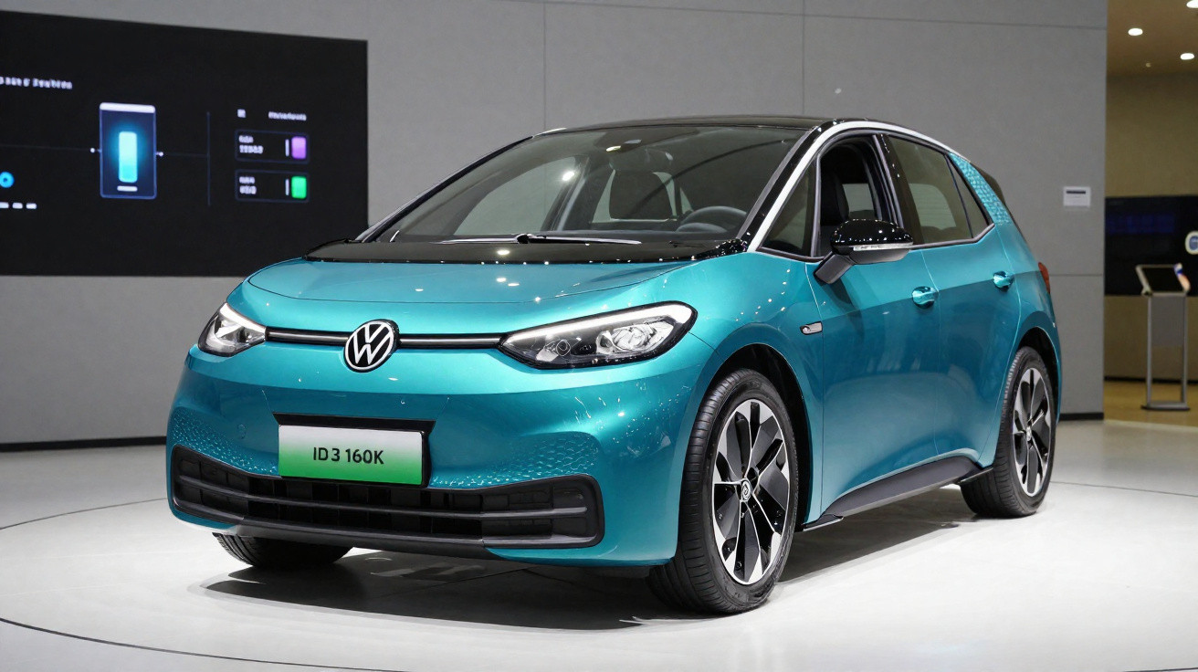 Blauer Volkswagen ID.3 160K Elektroauto auf weißem Stand bei Autoausstellung, Vorderansicht leicht seitlich.