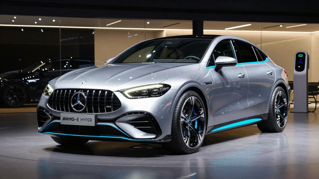 Silberner Mercedes-AMG-E Hyper Elektro-Sportwagen in moderner Ausstellung mit Ladestation im Hintergrund.